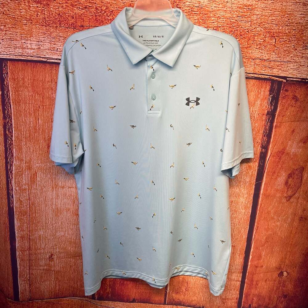 Under Armour The Playoff Polo Light Blue Bird Pattern Golf Shirt Sz L